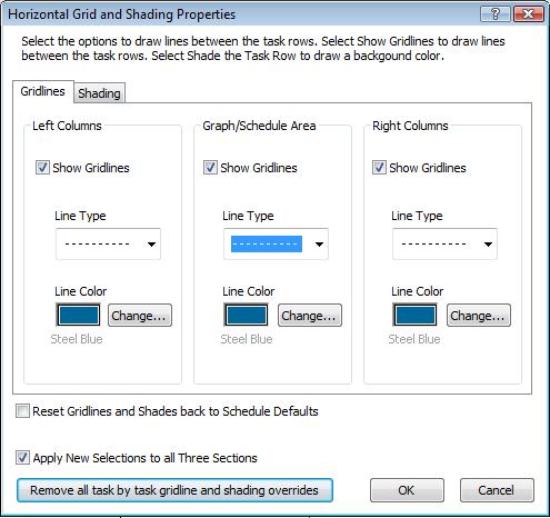 Task Gridlines and Shading Formatting Milestones offers many task row gridlines and shading options, including: Default gridline and shading settings for all, only odd, or only even task rows.