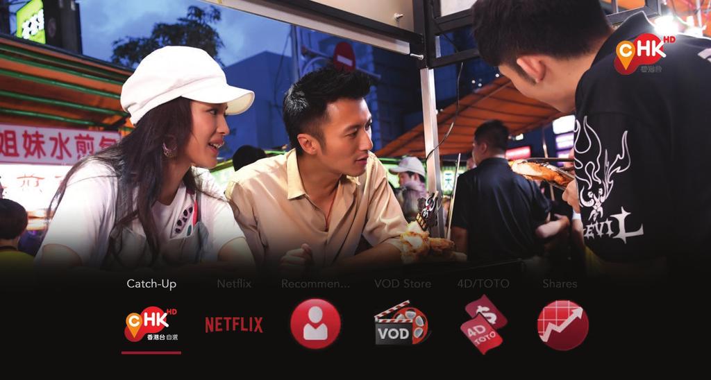 functions: Catch-Up, Netflix, Recommended for You, VOD, 4D/TOTO, Shares, Channel Store on the Quick Access bar.