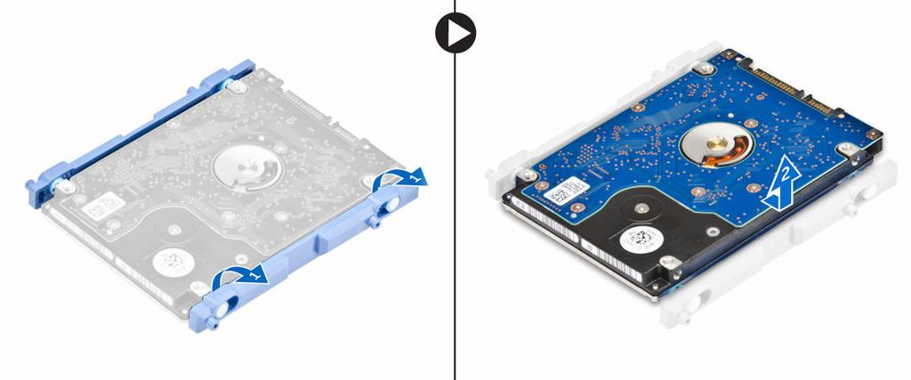 4. To remove the hard-drive from the bracket: a. Pry the edges of the bracket to release the hard drive [1]. b. Slide the hard drive and lift it away from the bracket [2].