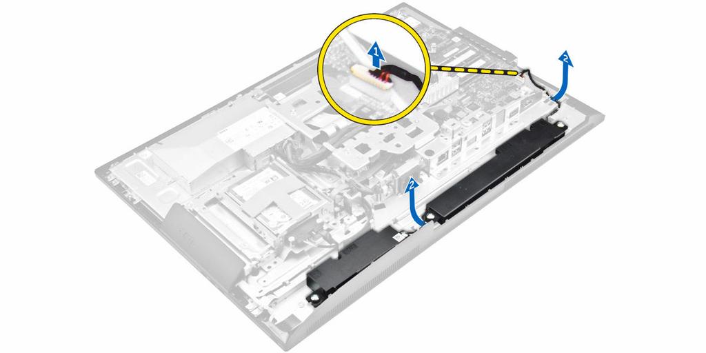 3. Connect the antenna cables to the connectors on the WLAN card. 4. Install the: a. system-board shield b. back cover c. stand 5. Follow the procedure in After Working Inside Your Computer.