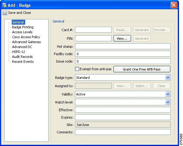 Chapter 10 Configuring Personnel Figure 10-5 Personnel Record: Badges General Window Step 9 Click the Logins tab to edit the logins and profiles assigned to the person.
