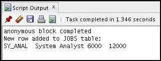 2. Enable SERVEROUTPUT, and then invoke the procedure to add a new job with job ID 'SY_ANAL', job title 'System Analyst', and minimum salary of 6000.