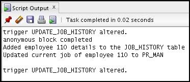 5. Query the JOBS, JOB_HISTORY, and EMPLOYEES tables to verify the results.