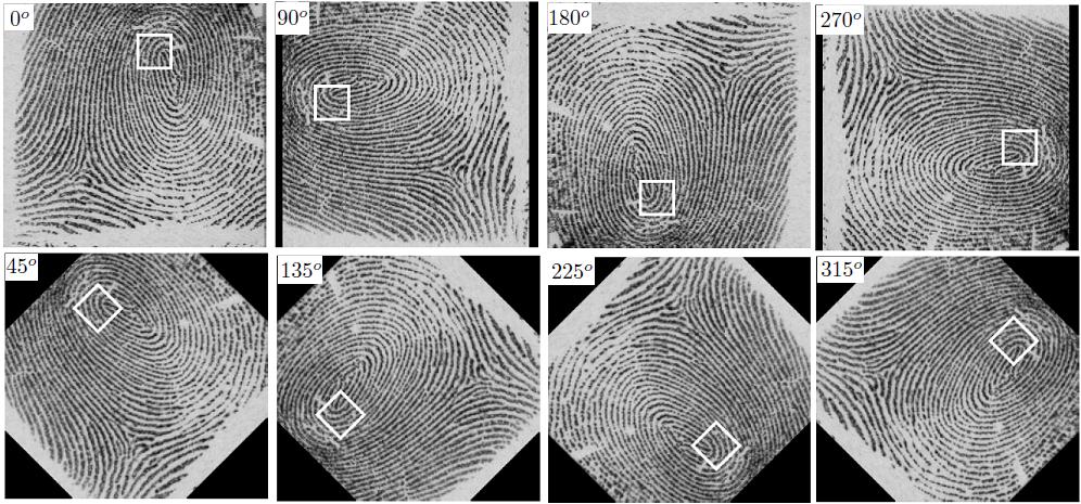 Fig. 4: Various rotations (0 o, 45 o, 90 o, 135 o, 180 o, 225 o, 270 o, 315 o ) of a sample fingerprint with a 32x32 patch highlighted with a bounding box.