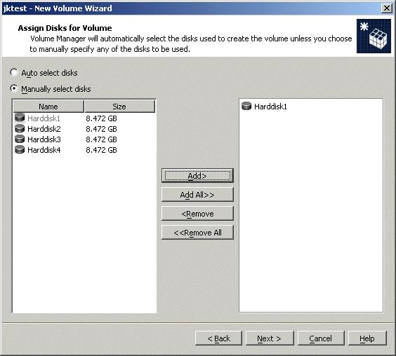 Creating a Dynamic Volume 4. Make your selections in the Assign Disks for Volume screen. Click Next to continue. The default setting is for Volume Manager to assign the disks for you.