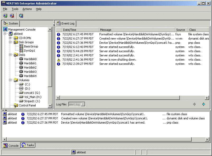 Exploring the GUI Event Log In Volume Manager 3.1 for Windows 2000, the Event Log appears under the Logs node in the tree view in the left pane of the VEA GUI.