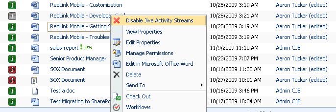 Using Jive and SharePoint Together 28 Using the Document Menu Items and Item Status The Document Menu Item integration and Item Status provides the "List Item" or third layer (four layers total) of