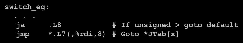 x86-64 Object Code Setup Assembly code label.l8 becomes address 0x4004e5 label.l7 becomes address 0x4005c0 switch_eg:... ja.l8 # If unsigned > goto default jmp *.