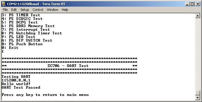 ZC706 BIST UART Test Type 1 to start the PS UART Test
