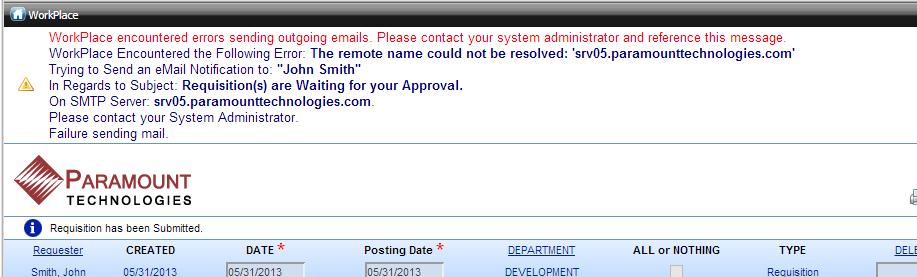 Email Error Message w/details Displayed in WorkPlace