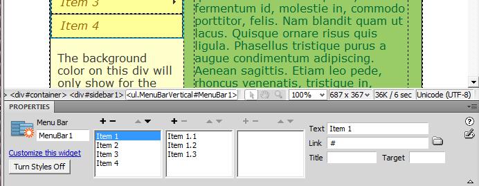 tted line. d. Back in the web page editing window, click in the sidebar (on the left). Highlight the links and hit return to delete all the links. Click right next to The in the sidebar. e. And back to the spry vertical menu select the first icon in the third group f.
