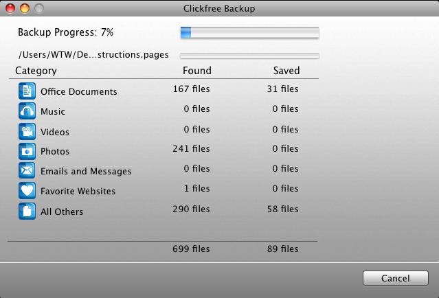 Backing up my content (HD) Clickfree searches for content to back up Before actually backing up any content, Clickfree adds up the sizes of the files in the complete folders you chose, or searches