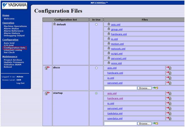 Configuration Sets The Configuration Sets page contains a listing of all the XML configuration files on the controller.