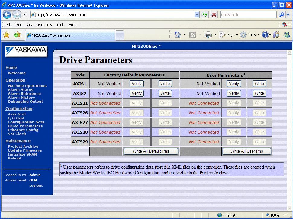 Drive Parameters Starting in firmware version 2.2.1, the web server has a new page to send drive parameters to the corresponding MECHATROLINK drives in the system.
