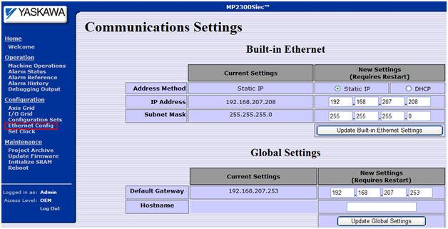 Ethernet Configuration The following Ethernet Configuration details of the controller can be identified and set: IP Address(es) Subnet Mask Default Gateway These fields must not be left blank.