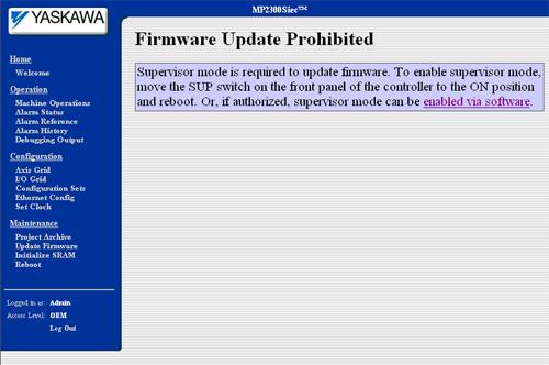 5. The firmware update screen will appear: If the physical SUP switch was not enabled before step 1, the page