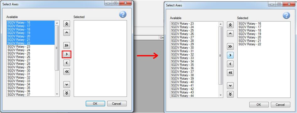 4. Select the axes whose parameters must be set/edited. 5. Select the parameters that must be edited. 6. By default, all parameters will appear in the list.