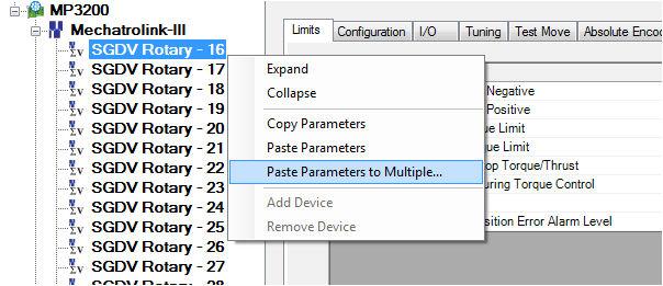 2. To copy parameters to multiple axes, select 'Paste Parameters to Multiple Axes' 3. Select the axes to which the parameters will be copied.