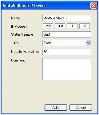 Step 3: The Add Modbus TCP Device window is shown below.