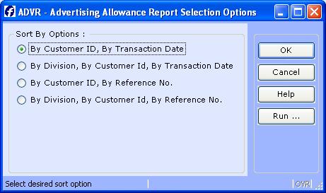 Procedure From the menu, enter "ADVR": To see only data where advertising allowance was calculated, enter "<>0" in the advertising allowance search field.