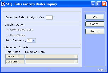After selecting the desired report, enter the information that is required such as: Year: Inquiry Option: Click on either GP %/sales/cost or Units/Sales Chose to print