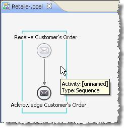 First, we will add the actions of the Customer, who will create the process instance by sending us an order request. a. Drag the SubmitOrder operation to the canvas and drop it.