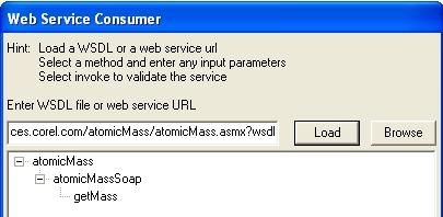 For this lesson, type: http://services.corel.com/atomicmass/atomicmass.asmx?wsdl 3. Click Load. If the URL is valid, a structure appears in the window under the URL. 4. Select the getmass statement.