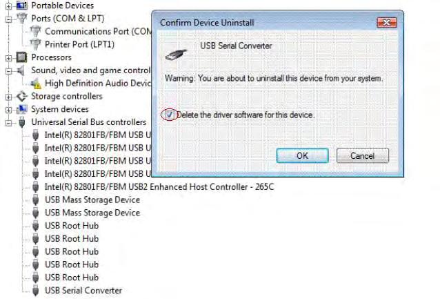 USB-8COMi-RM Product Manual 13 8. Select uninstall and be sure to click the box for Delete the driver software for this device in the next window and press OK.