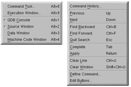 View and Command Menus The View menu allows displaying the optional standalone windows and showing or
