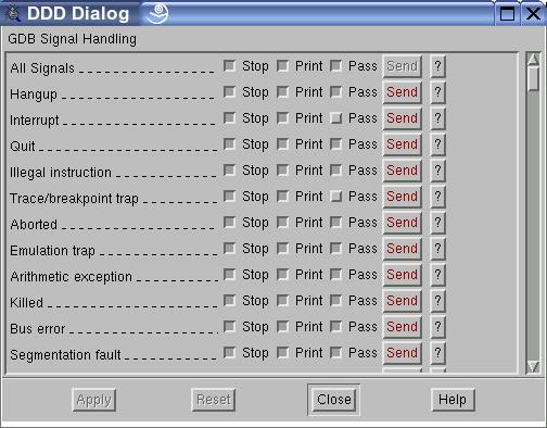 Signals Status > Signals pops up a panel showing a list of all signals and how gdb has been told to handle each one. Stop: Stop the program when the signal happens. (Setting Stop also sets Print.