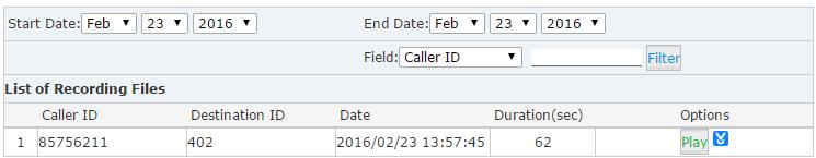 2.5 Record List All auto call recording files made for your calls can be found from the Recording List page under the Call Recording tab.