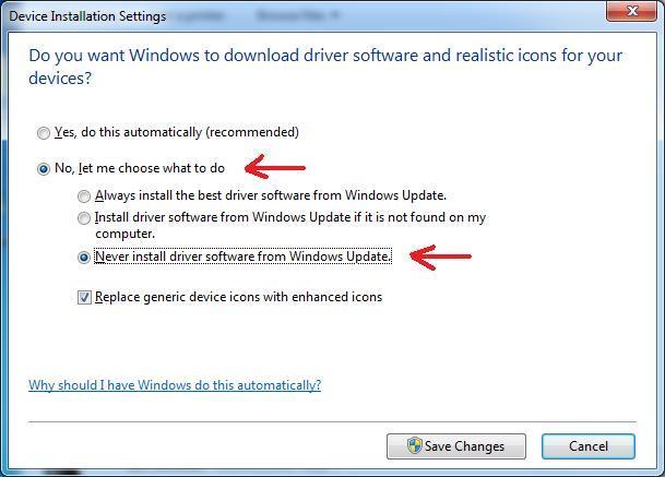 Right click on it and select Device installation settings from the popup menu. This dialog appears.