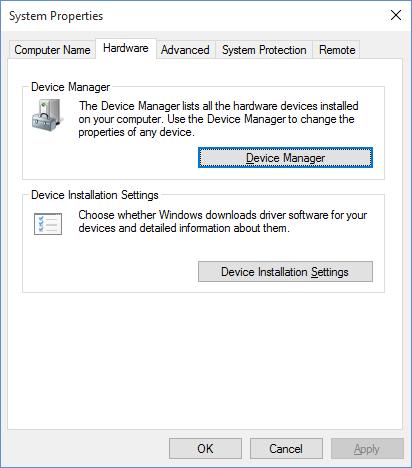 Choose the "Hardware" tab in the popup dialog. Press the "Device Installation Settings" button.