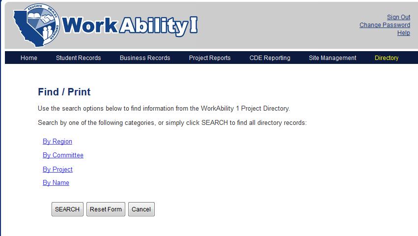 From here you can search information from the WorkAbility Project Directory.