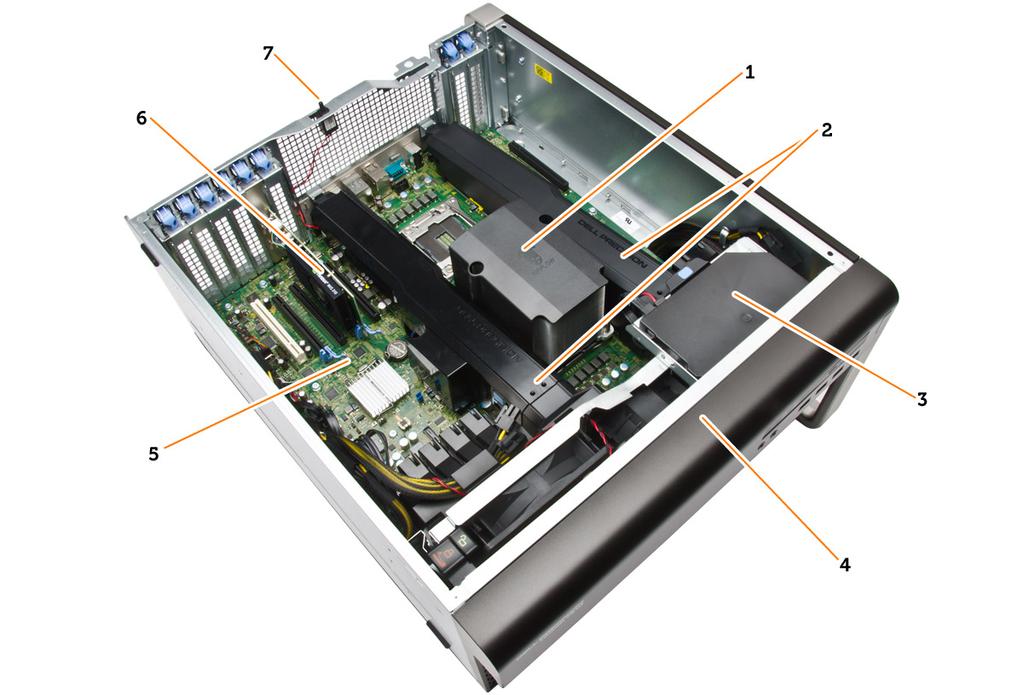 Figure 2. Inside View of T7910 Computer 1. processor heatsink with integrated fan 2.