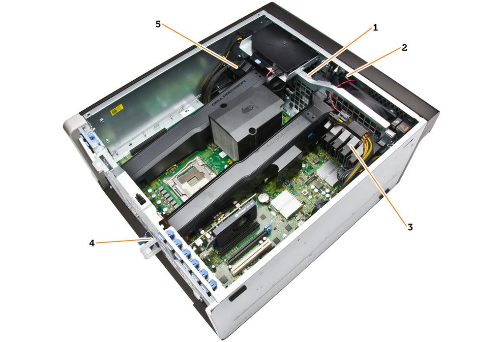 Figure 3. Inside View of T7910 Computer 1. system fans 2. speaker 3. PCIe-card retention 4. power-supply unit 5. PCIe-card retention Removing the Power Supply Unit (PSU) 1.