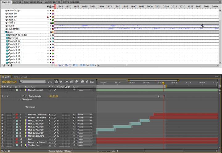 Figure 4-8. The timeline in Flash and After Effects Unlike in those applications, transitions in the Flash Catalyst timeline are controlled by start points and end points.