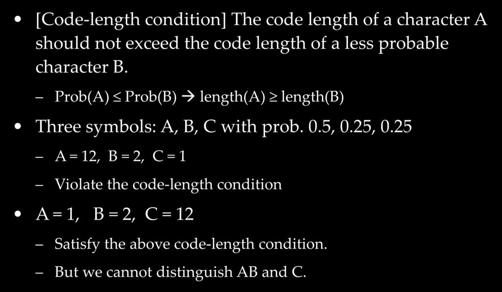 Conditions for code assignment [Code-length condition] The code length of a character A should not exceed the code length of a less probable character B.