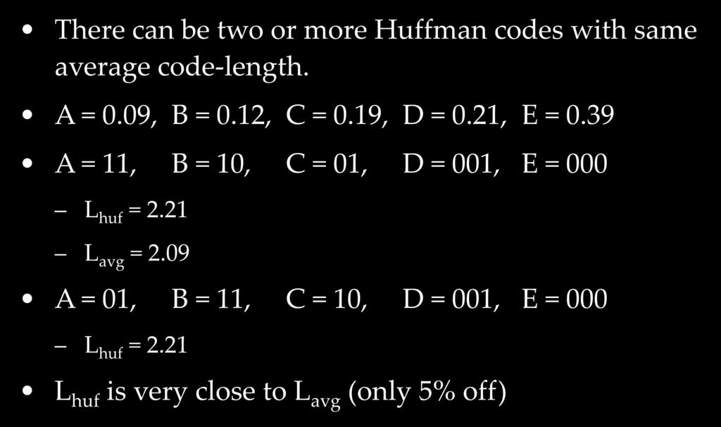 Notes There can be two or more Huffman codes with same average code-length. A = 0.09, B = 0.12, C = 0.19, D = 0.21, E = 0.