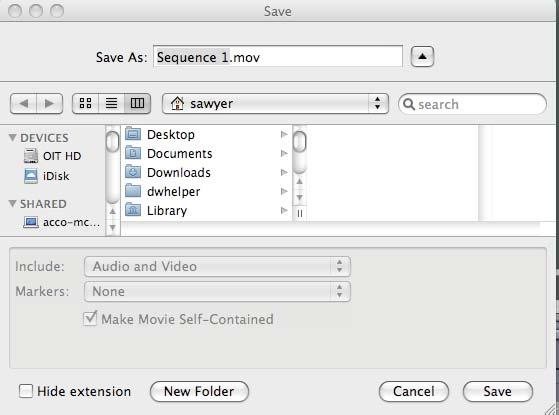 time. 1. Go to Sequence > Render > All > Both. 2. Go to File > Export > Quicktime Movie. The Save dialog box will open. 3. Enter a name and Save location for your movie. 4.