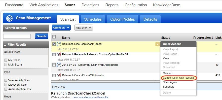 To view the partial data that has been retrieved by the unfinished scan (with Canceled With Results status), click View Report from the quick actions menu.