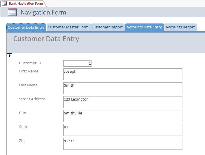 To add the Accounts Data Entry and Accounts Report forms to the Navigation form, drag the items from the list on the left over to the spot on the Navigation Form labeled