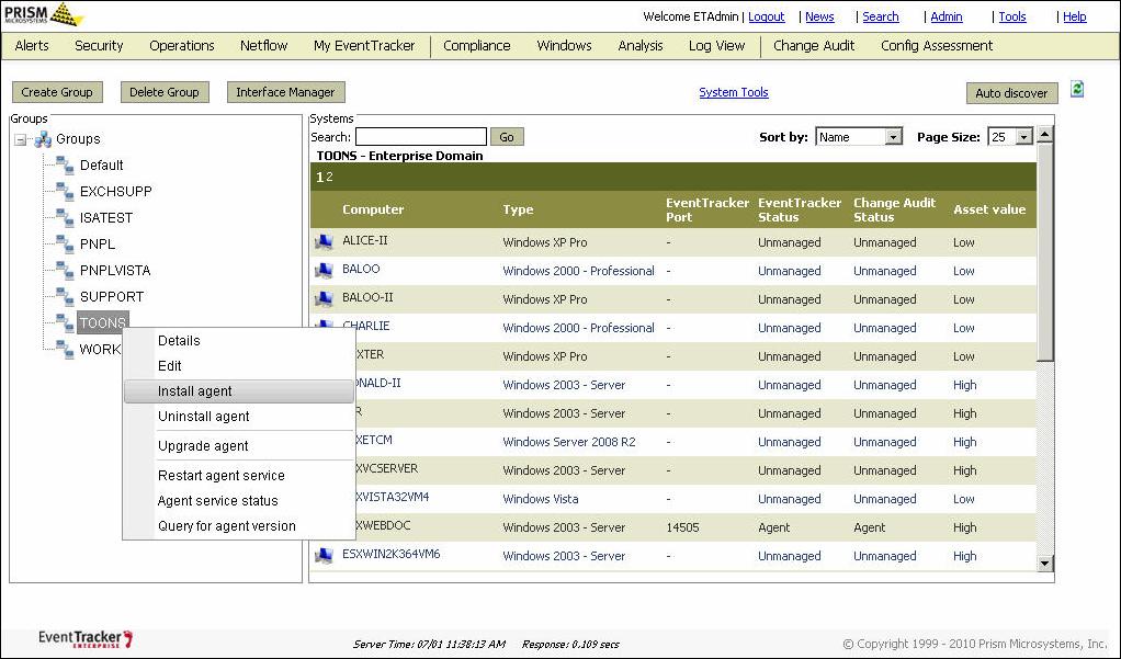 EventTracker displays the Alerts Dashboard. 3 Click the Admin drop-down list at the upper-right corner. 4 Click the Systems hyperlink. EventTracker displays the System Manager.