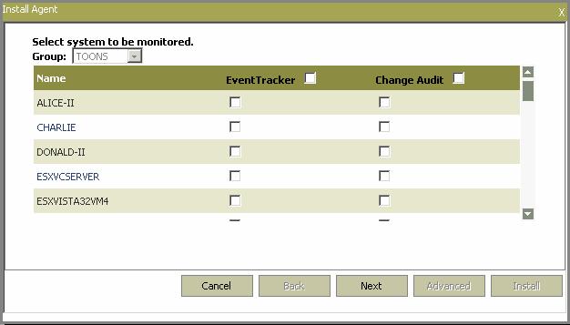 Figure 72 Install Agent Select the check boxes against EventTracker and Change Audit to deploy EventTracker Windows and Change Audit agents to all managed computers.