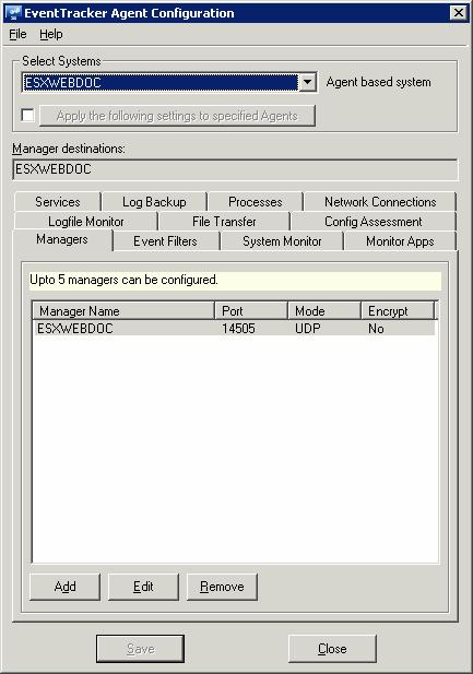 Figure 84 EventTracker Agent Configuration Click appropriate tabs and configure the