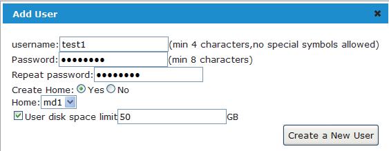 To add a new user: click on the Add User tab, fill in the user name and password, assign an exclusive folder and set up the disk space limit to the newly