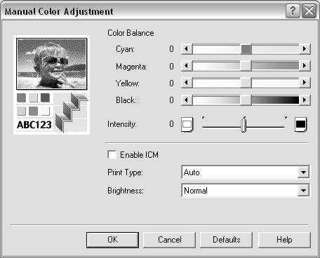 Advanced Print Features Adjusting Color Balance, Brightness and Saturation You can enhance color printing by adjusting the color balance, output style (saturation) and brightness.