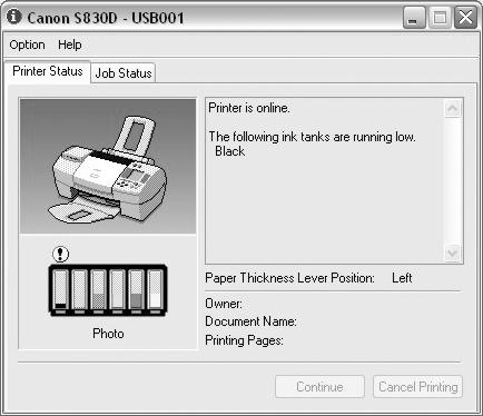 Printing Maintenance 3. Select the Maintenance tab, then click Start Status Monitor. The BJ Status Monitor window will appear. The ink panel displays the ink levels for each tank.