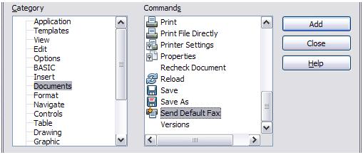 5) On the Add Commands dialog (Figure 7), select Documents in the Category list, then select Send Default Fax in the Commands list. Click Add.