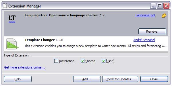 2) In the Extension Manager dialog (Figure 14), click Add. 3) A file browser window opens. Find and select the extension you want to install and click Open.